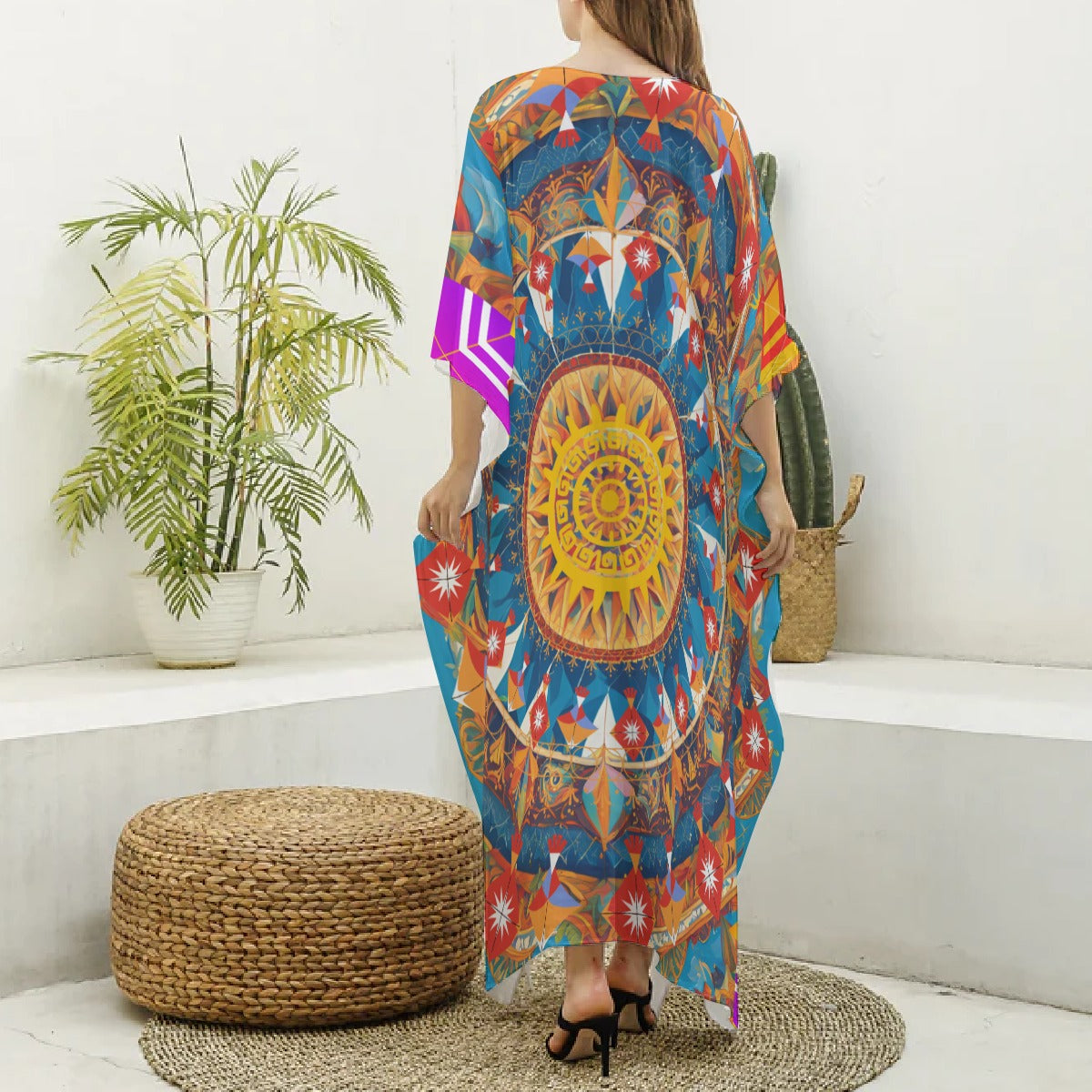 Makar Sankranti Celebration Imitation Silk V-neck Kaftan - Kite & Sun Mandala
