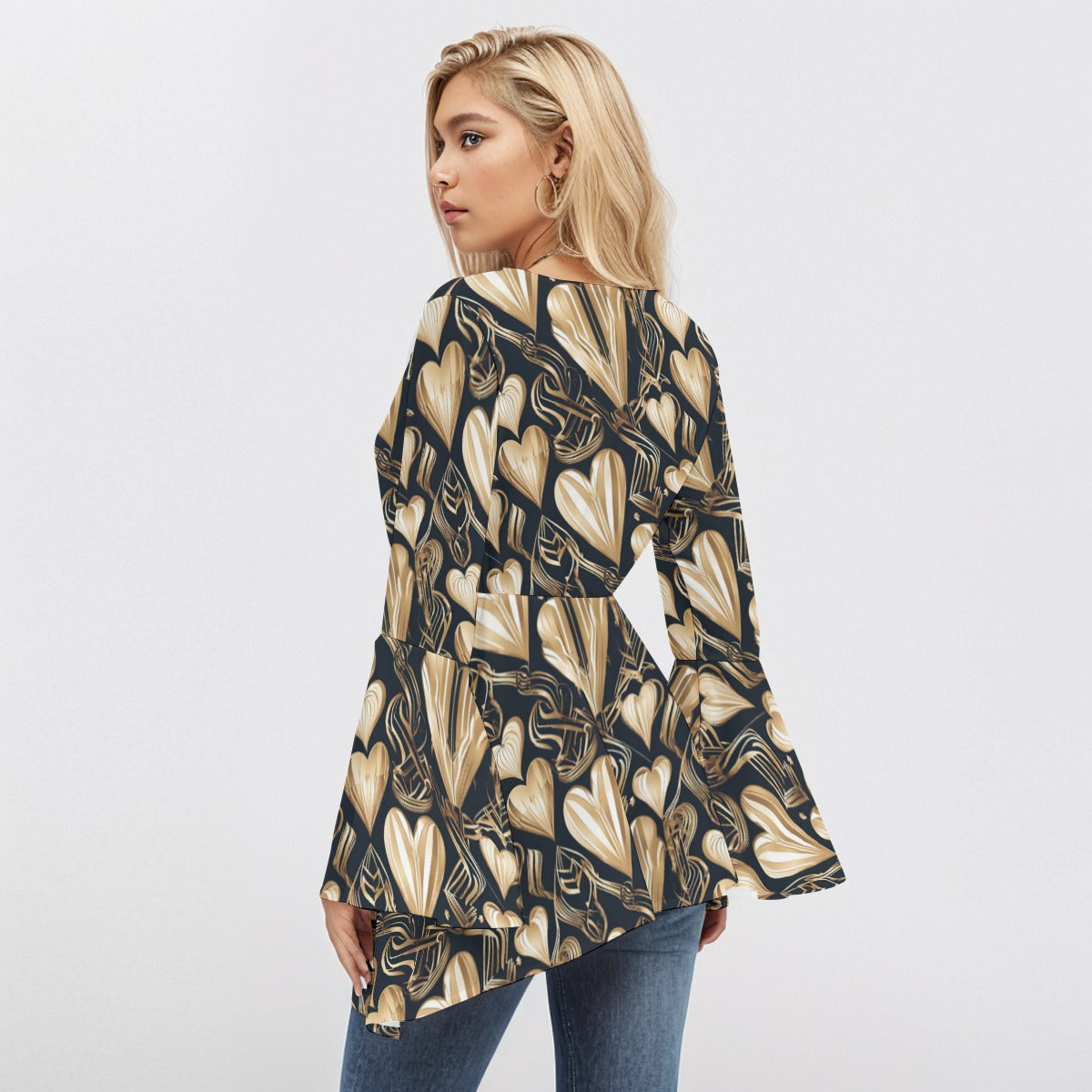 PGP Holiday Eros Époque V-neck Flared Sleeve Blouse –Black & Gold Art Deco Effortless Sophistication