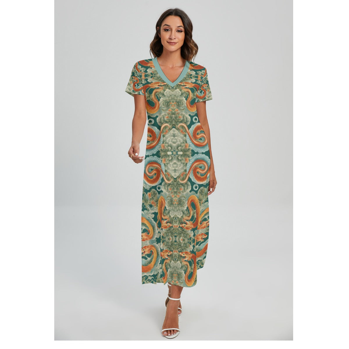PGP Holiday Women's Rayon Long Shirt Dress | Jade Fortune Green & Aqua | Health, Wealth & Abundance