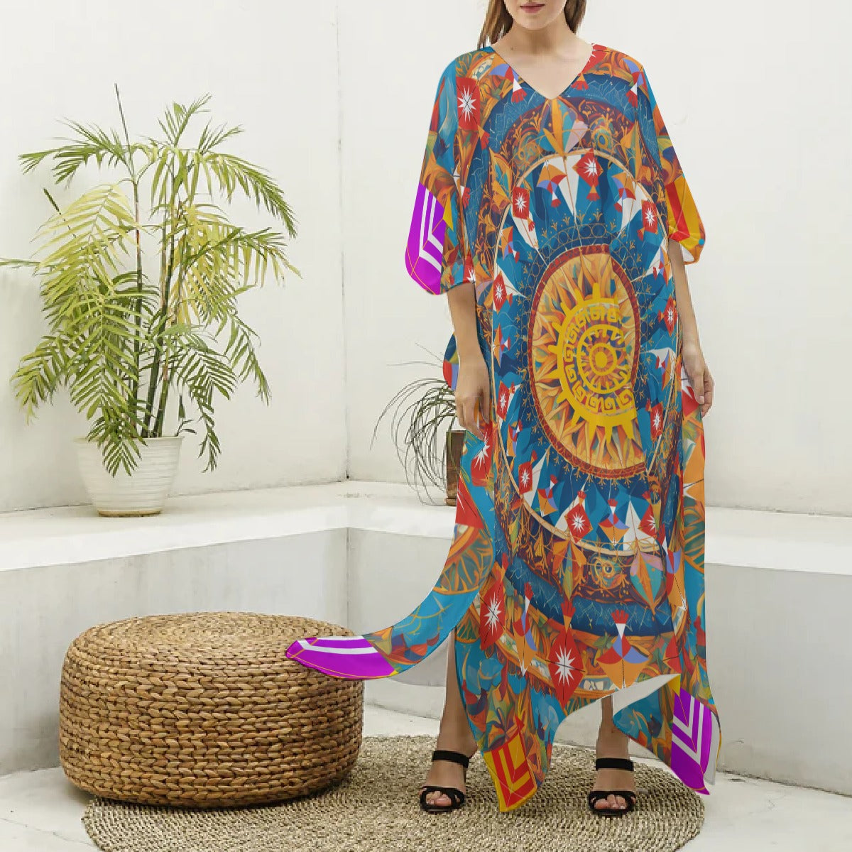 Makar Sankranti Celebration Imitation Silk V-neck Kaftan - Kite & Sun Mandala