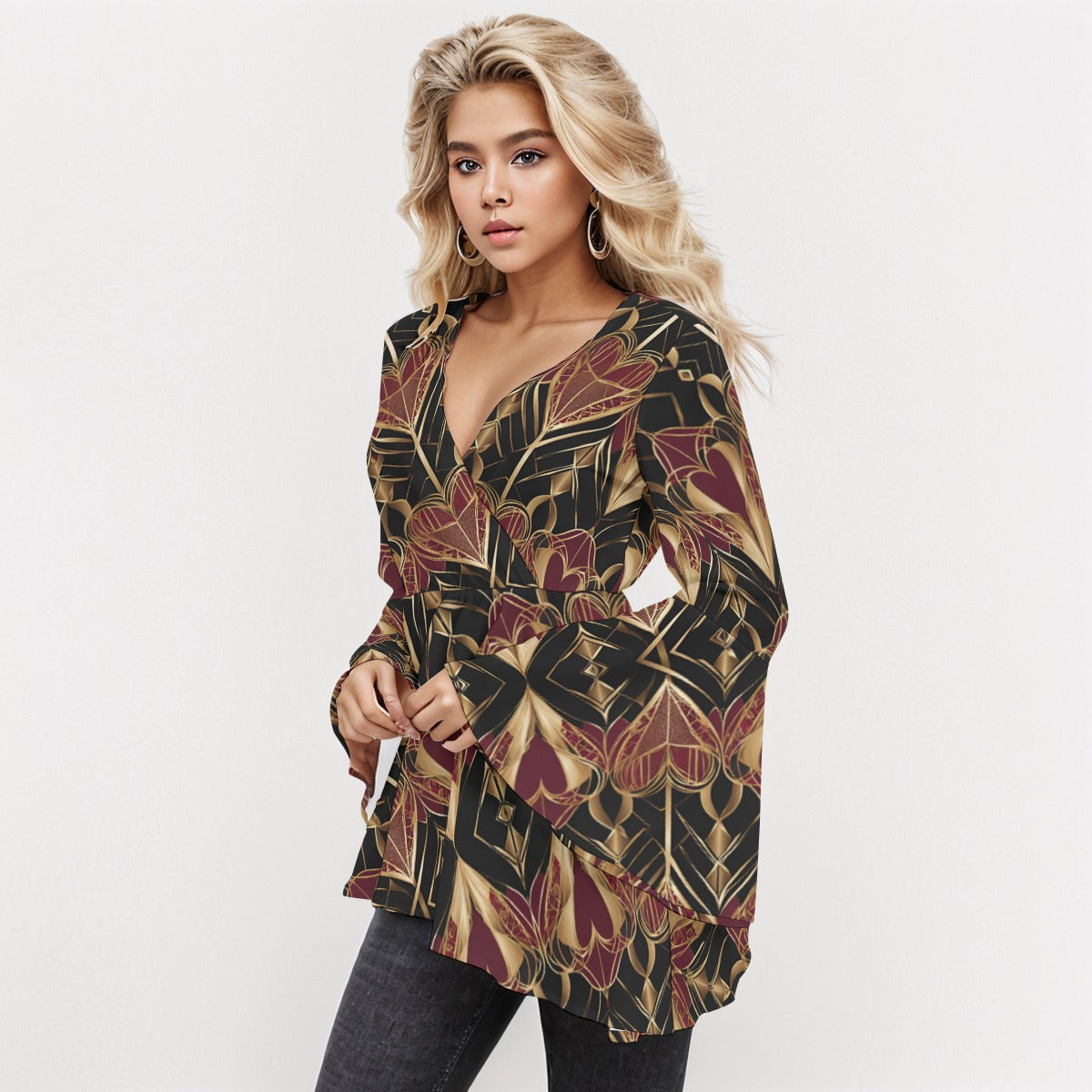 PGP Holiday Eros Époque V-neck Flared Sleeve Blouse – Crimson & Gold Art Deco| Bold & Timeless Style