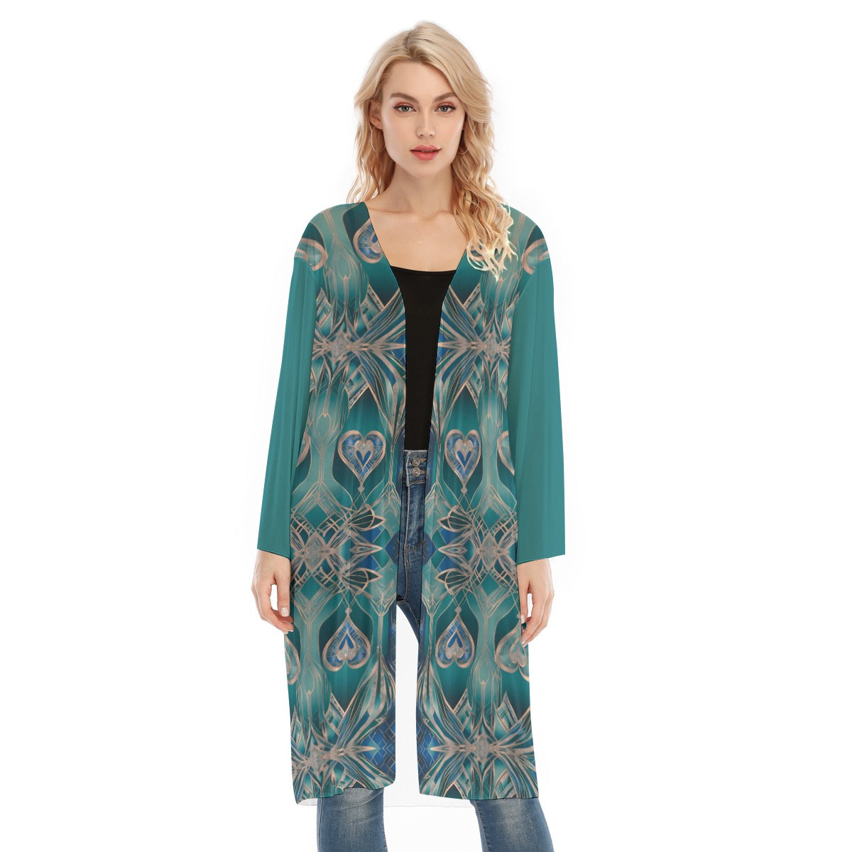PGP Holiday Eros Époque Mesh Cardigan - Aqua Teal & Gold Art Deco | Valentine's Day Style