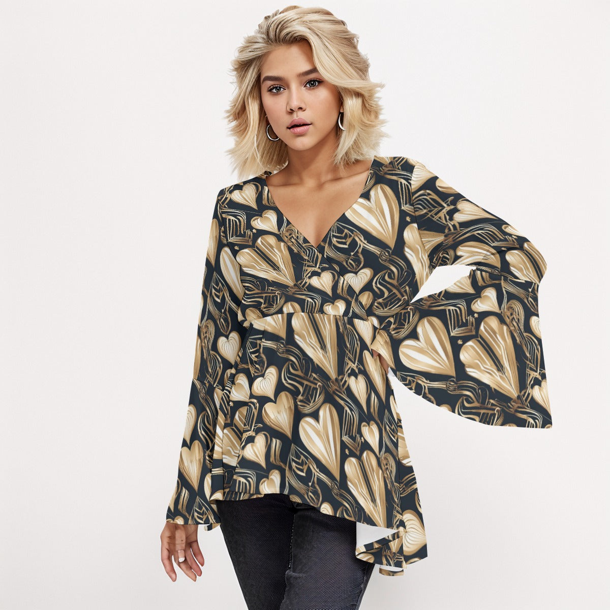 PGP Holiday Eros Époque V-neck Flared Sleeve Blouse –Black & Gold Art Deco Effortless Sophistication