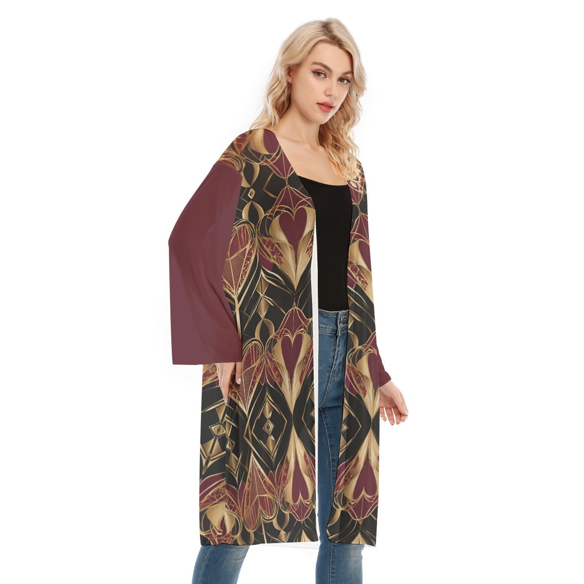 PGP Holiday Eros Époque Mesh Cardigan - Crimson & Gold Art Deco | Valentine's Day Glam