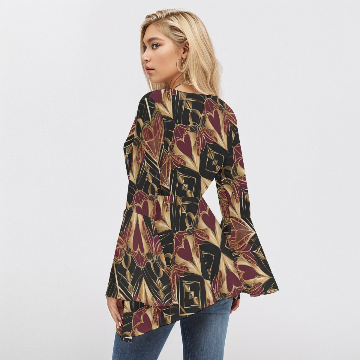 PGP Holiday Eros Époque V-neck Flared Sleeve Blouse – Crimson & Gold Art Deco| Bold & Timeless Style