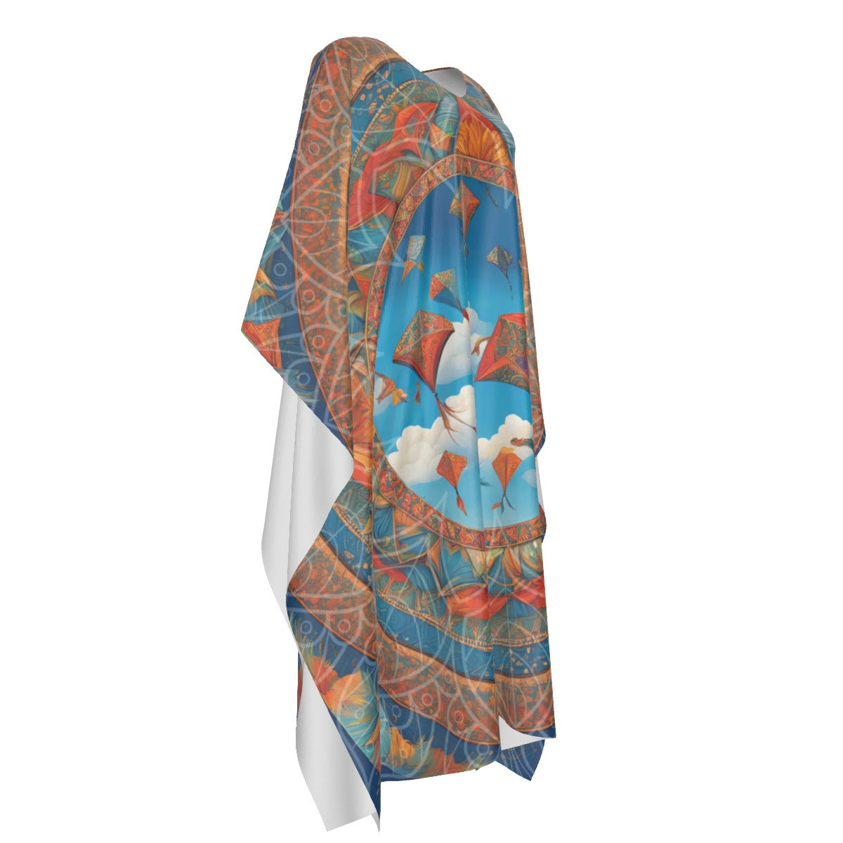 Makar Sankranti Celebration Imitation Silk V-neck Kaftan - Kite Mandala Madhubani-inspired