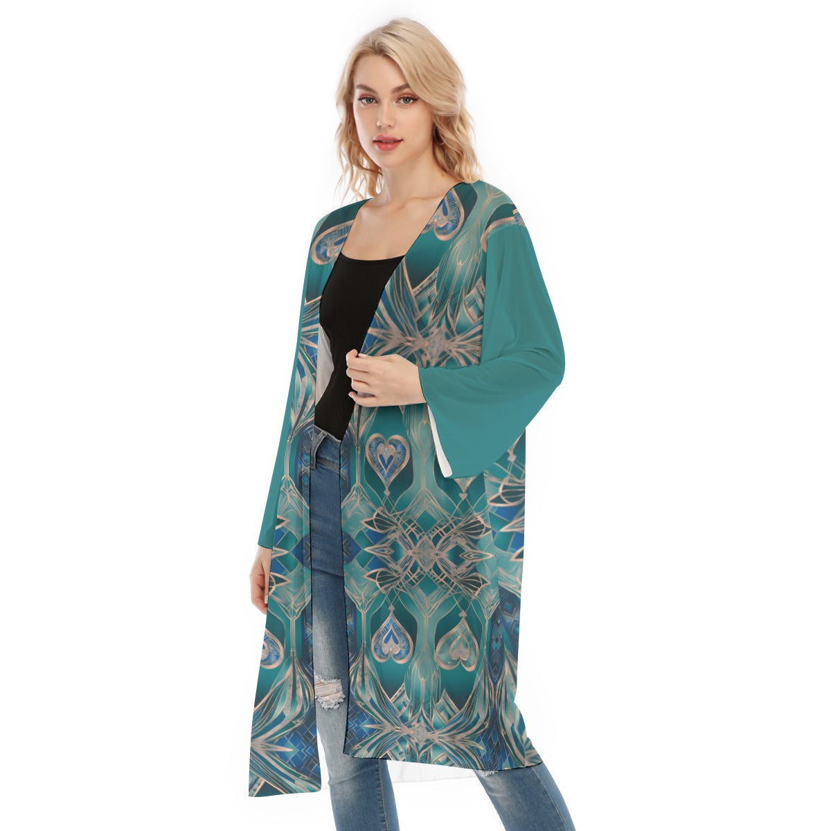 PGP Holiday Eros Époque Mesh Cardigan - Aqua Teal & Gold Art Deco | Valentine's Day Style