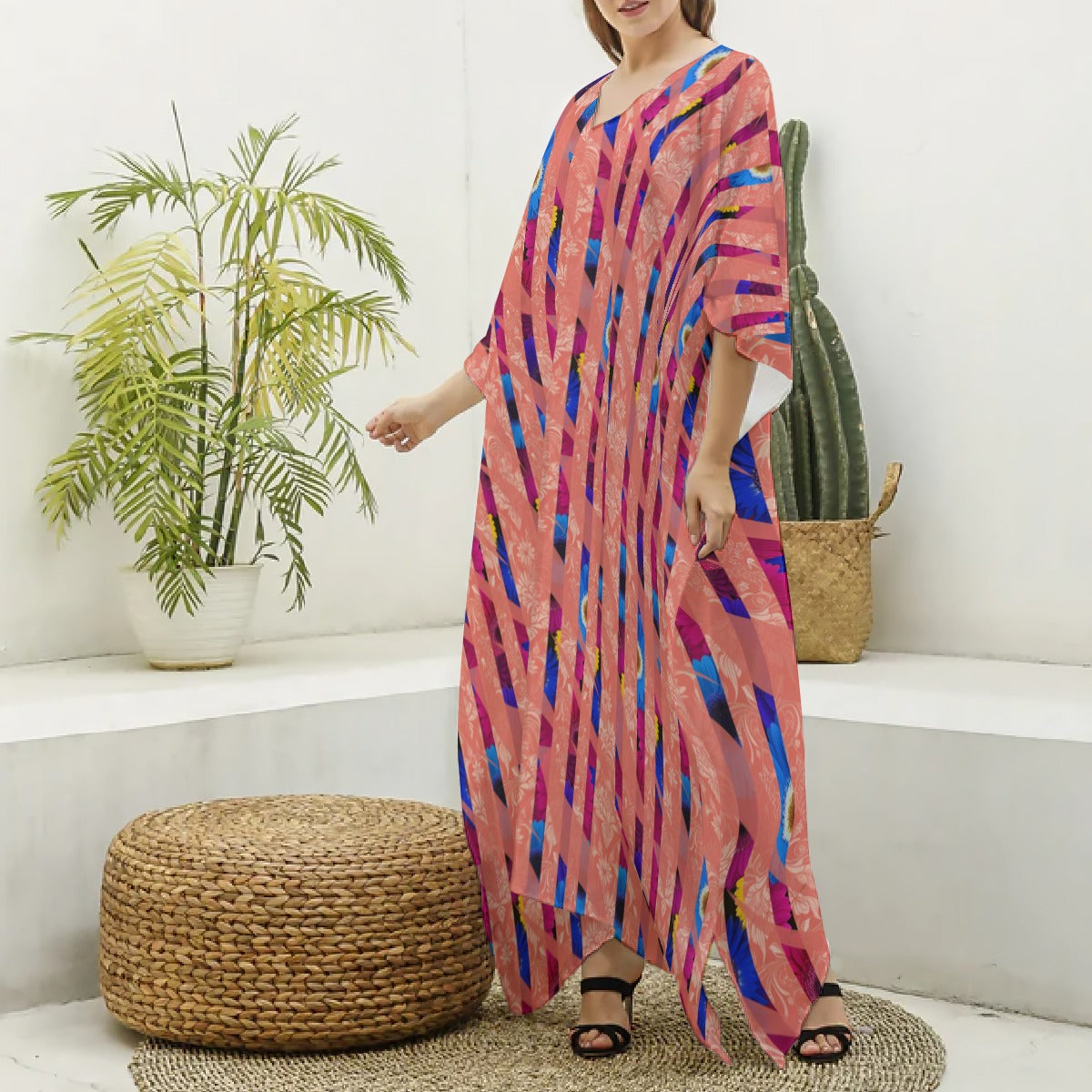 Bold Bloom Imitation Silk Kaftan Robe – Lightweight Beach Cover-Up for Spring & Summer