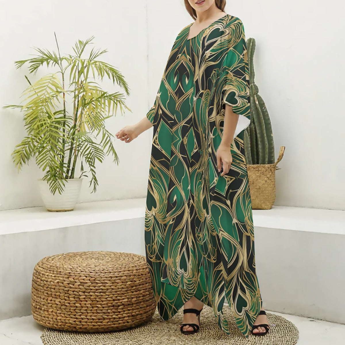 PGP Holiday Eros Époque Silky V-neck Kaftan – Emerald & Gold Art Deco Cruise & Resort Wear