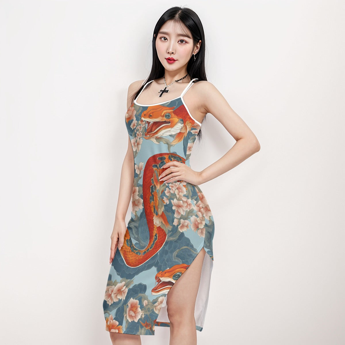 PGP Holiday Women's Back Cross Cami Dress | Blossom Serpent Orange & Blue | Prosperity & Growth