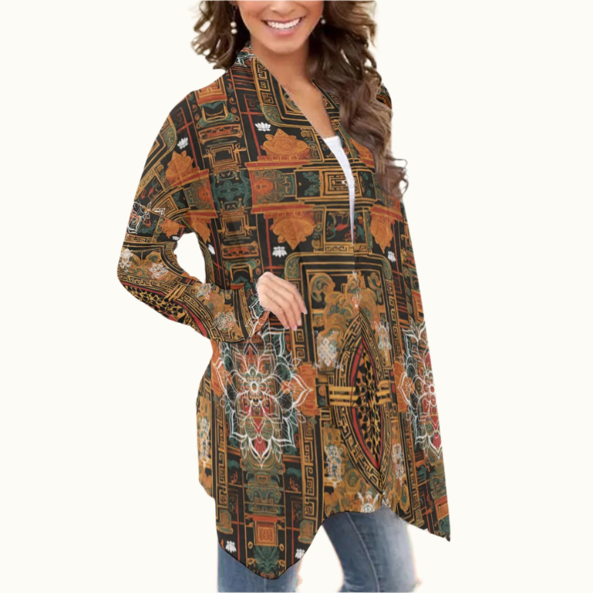 PGP Holiday Tibetan Losar-Inspired Shawl Collar Cardigan – Soft Mid-Length Jersey Knit