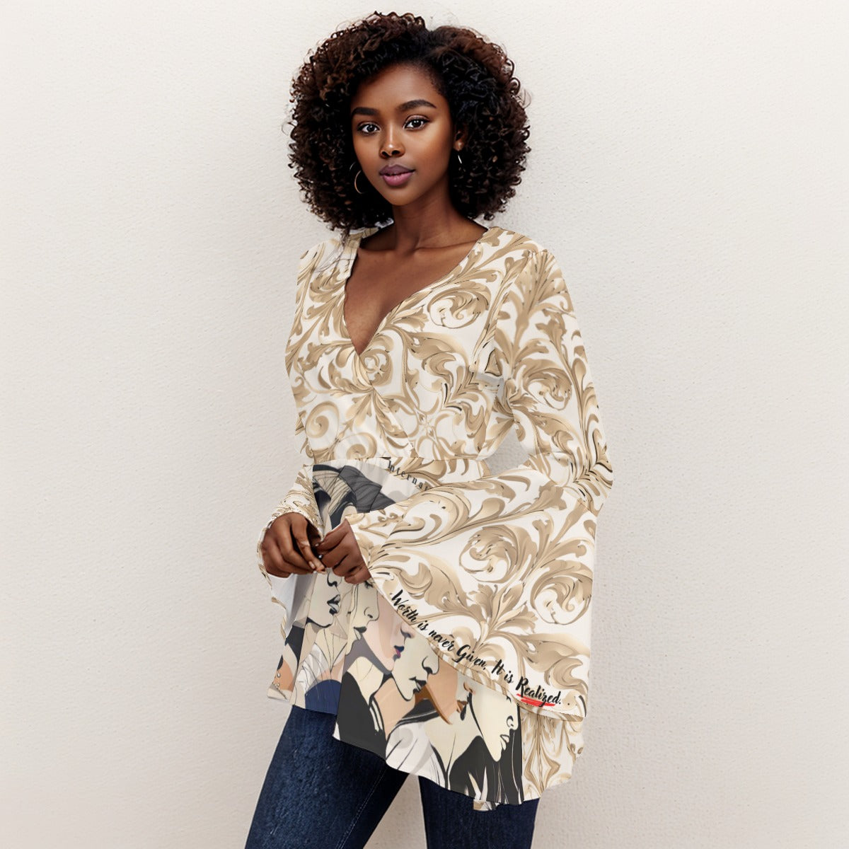 PGP Holiday Realized Flared Sleeves V-neck Blouse - Stylish Butterfly Sleeve Top for Women
