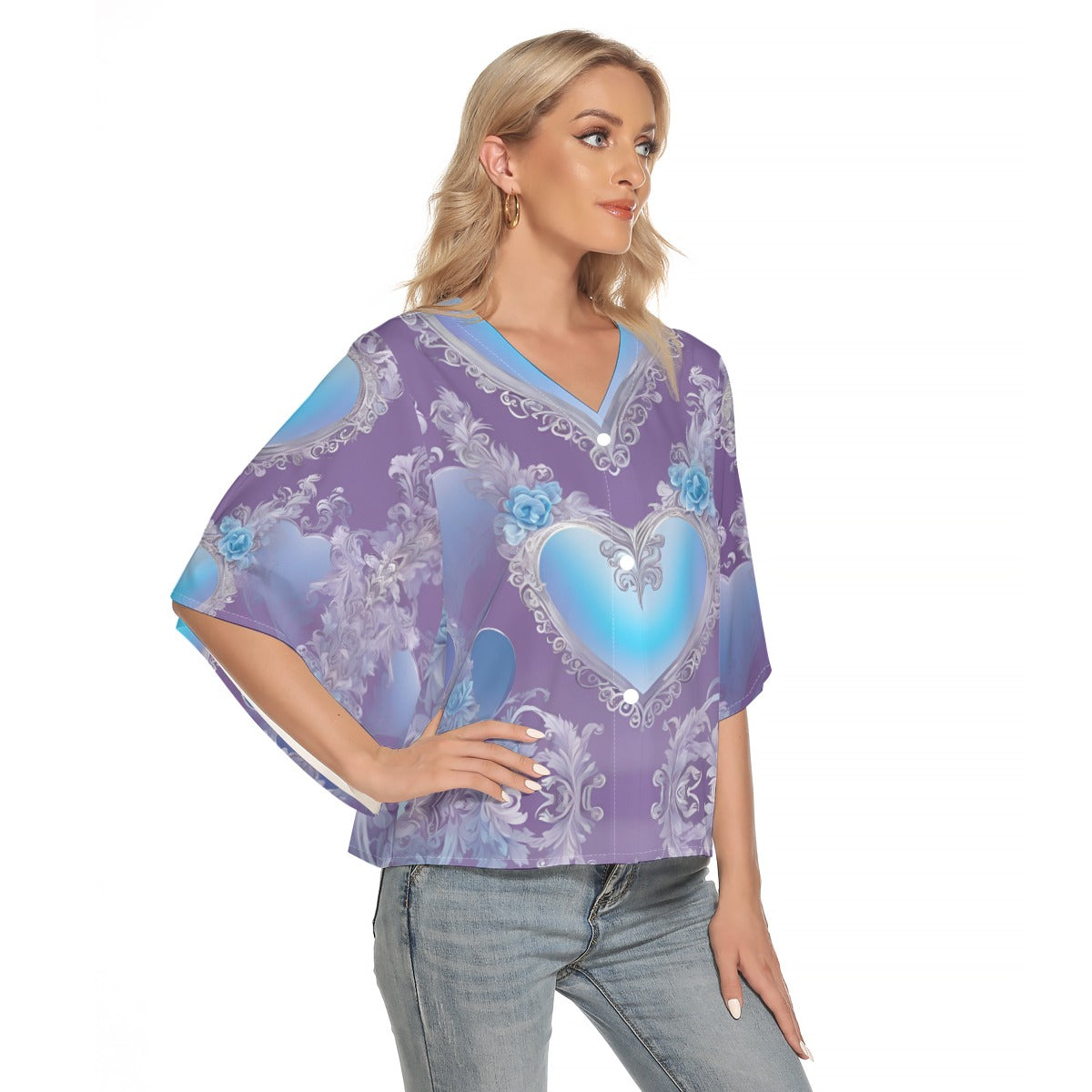 PGP Holiday She Prefers Silver Line - Cloud - Light Muse Sleeve Light V-Neck Front Buttoned Top