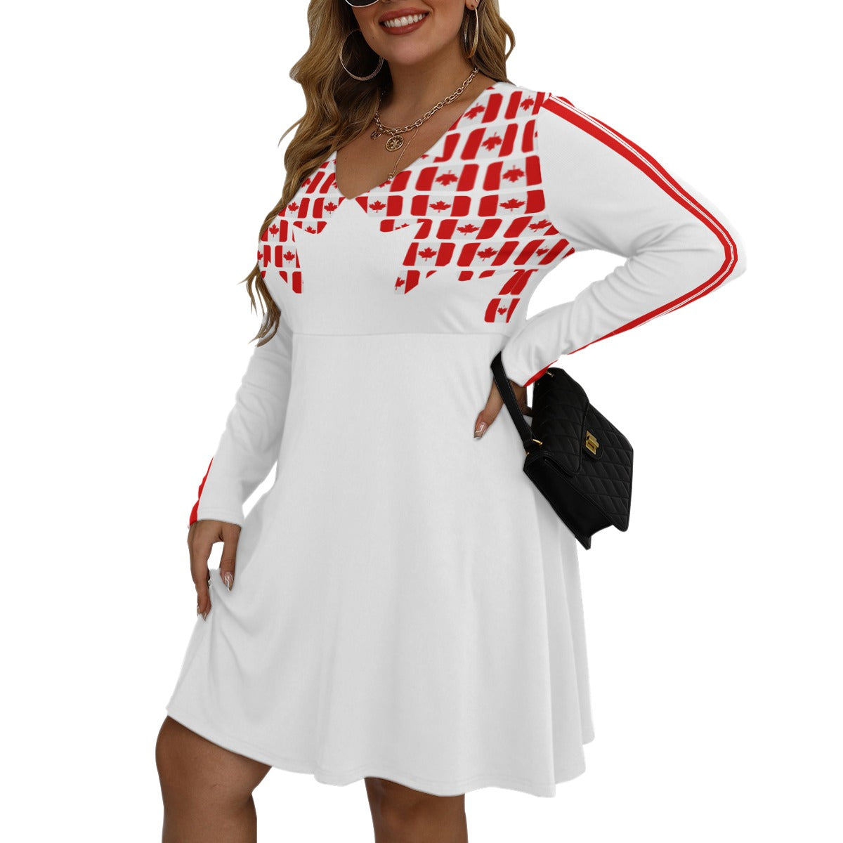 PGP Holiday Canadian Flag Day V-Neck Long Sleeve Dress – Plus Size | PGP Holiday