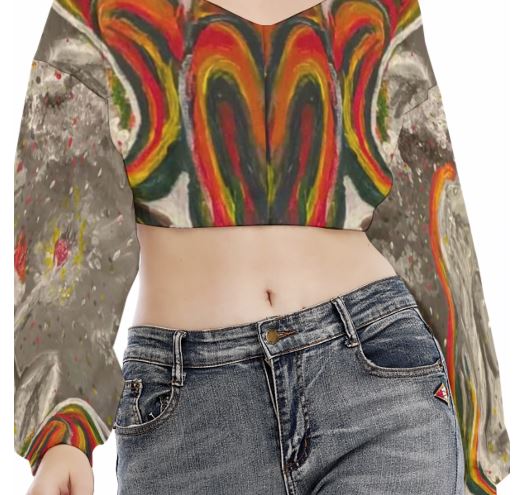 Under Grandmothers Moon V-Neck Peasant Sleeve Cropped Sweatshirt | Boho Cozy Style