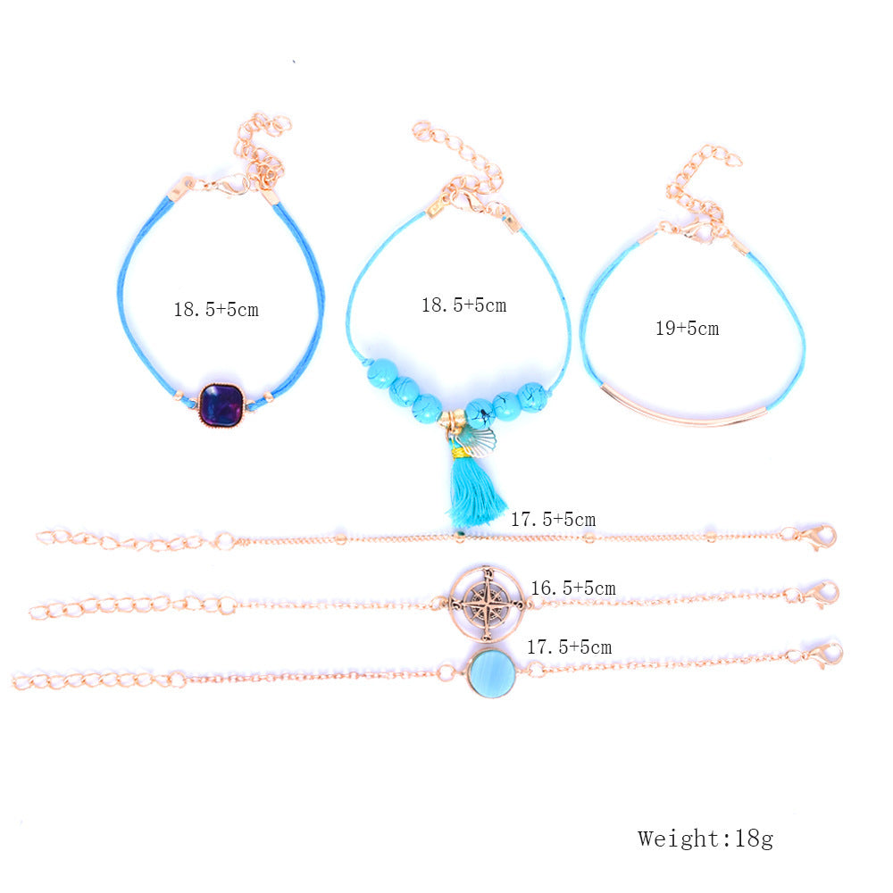 Mermaidcore Compass & Scallop Bracelet Set – 6-Piece Turquoise Oceanic Stack | Adjustable 16.5–19.5cm