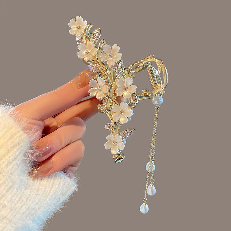 Pearl Bell Orchid Tassel Hair Clip – Diamond-Inlaid Mermaidcore Grip Clip | 11.5cm Elegant Floral Design
