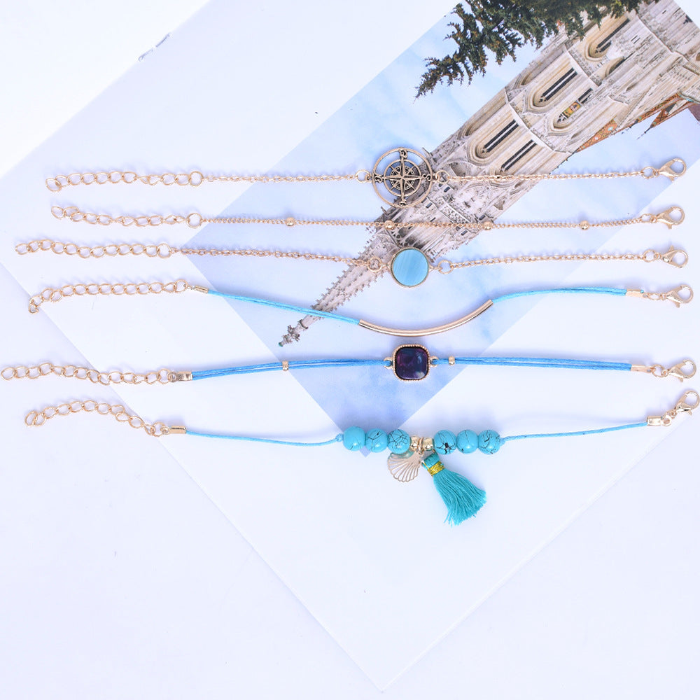 Mermaidcore Compass & Scallop Bracelet Set – 6-Piece Turquoise Oceanic Stack | Adjustable 16.5–19.5cm