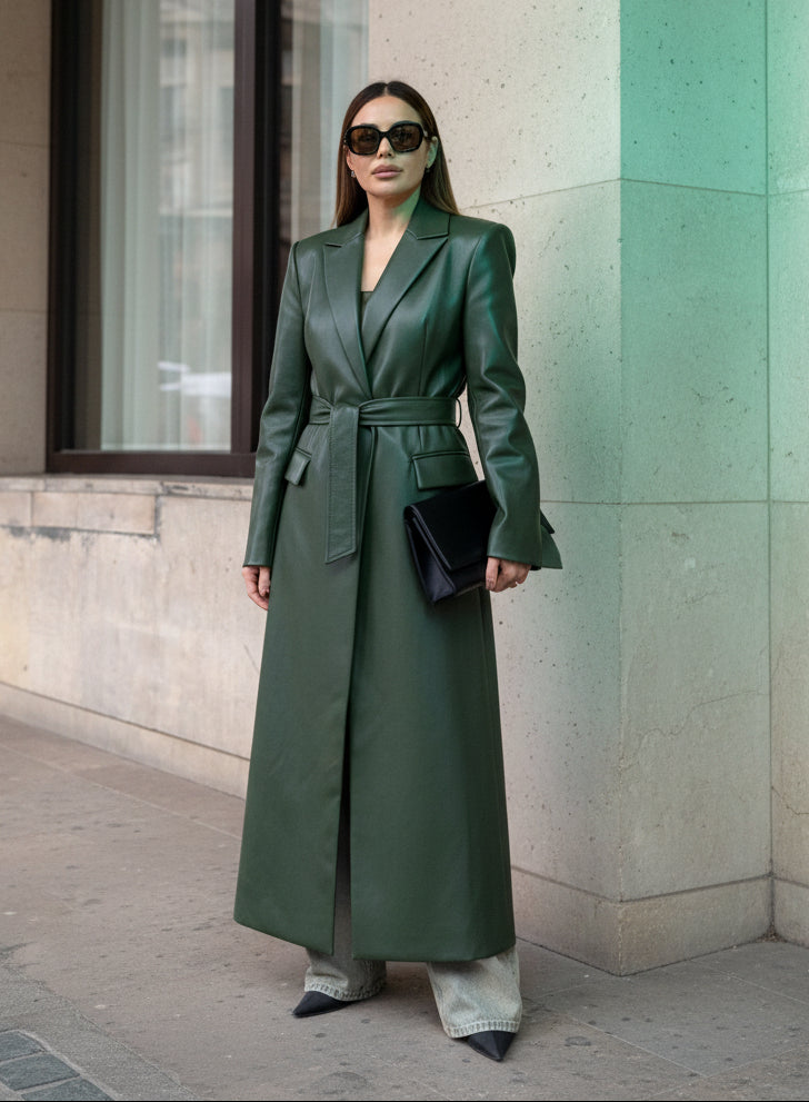 Olive Leather-Effect Maxi Trench — Structured Shoulders | Whisper of Éire