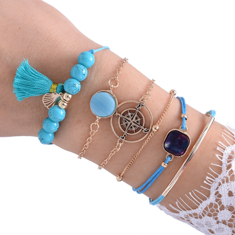 Mermaidcore Compass & Scallop Bracelet Set – 6-Piece Turquoise Oceanic Stack | Adjustable 16.5–19.5cm