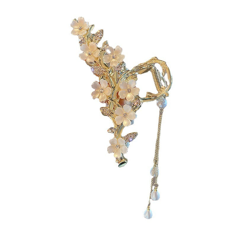 Pearl Bell Orchid Tassel Hair Clip – Diamond-Inlaid Mermaidcore Grip Clip | 11.5cm Elegant Floral Design