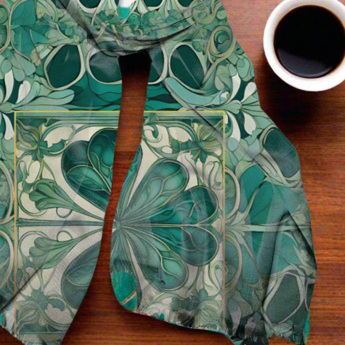 PGP Holiday Nouveau Shamrock Pashmina Scarf – Lightweight Semi-Sheer Shawl with Raw Edge