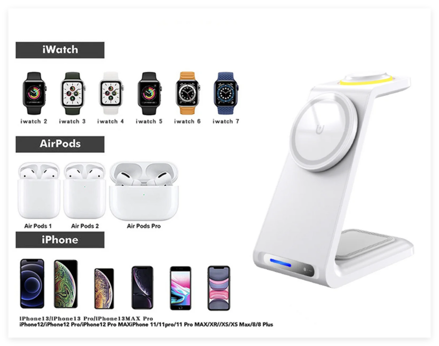 Touch Control Magnetic 3 in 1 Wireless Charger 15W Fast Charging Stations Multi-Device Wireless Docking Station