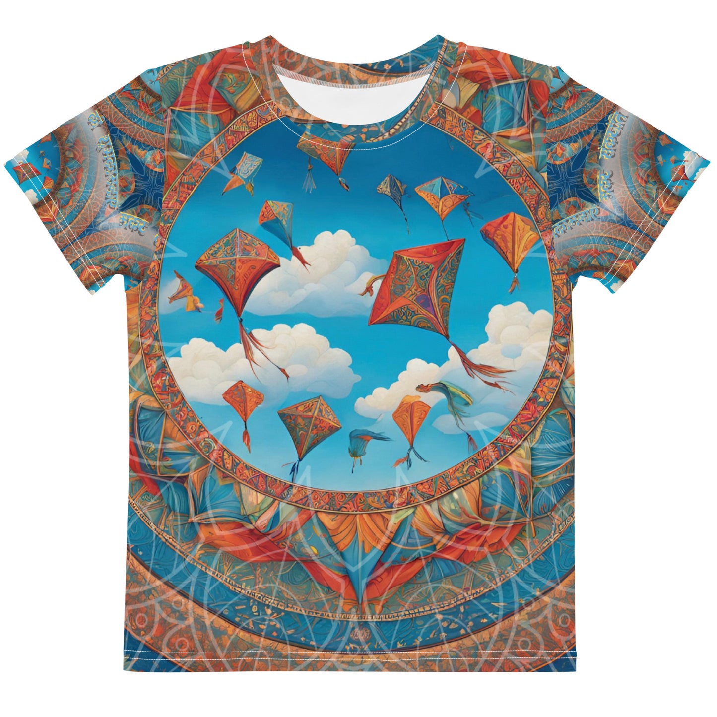 Makar Sankranti Kids Crew Neck T-Shirt - Sun & Kites Mandala with मकर संक्रांति की शुभकामनाएं Message
