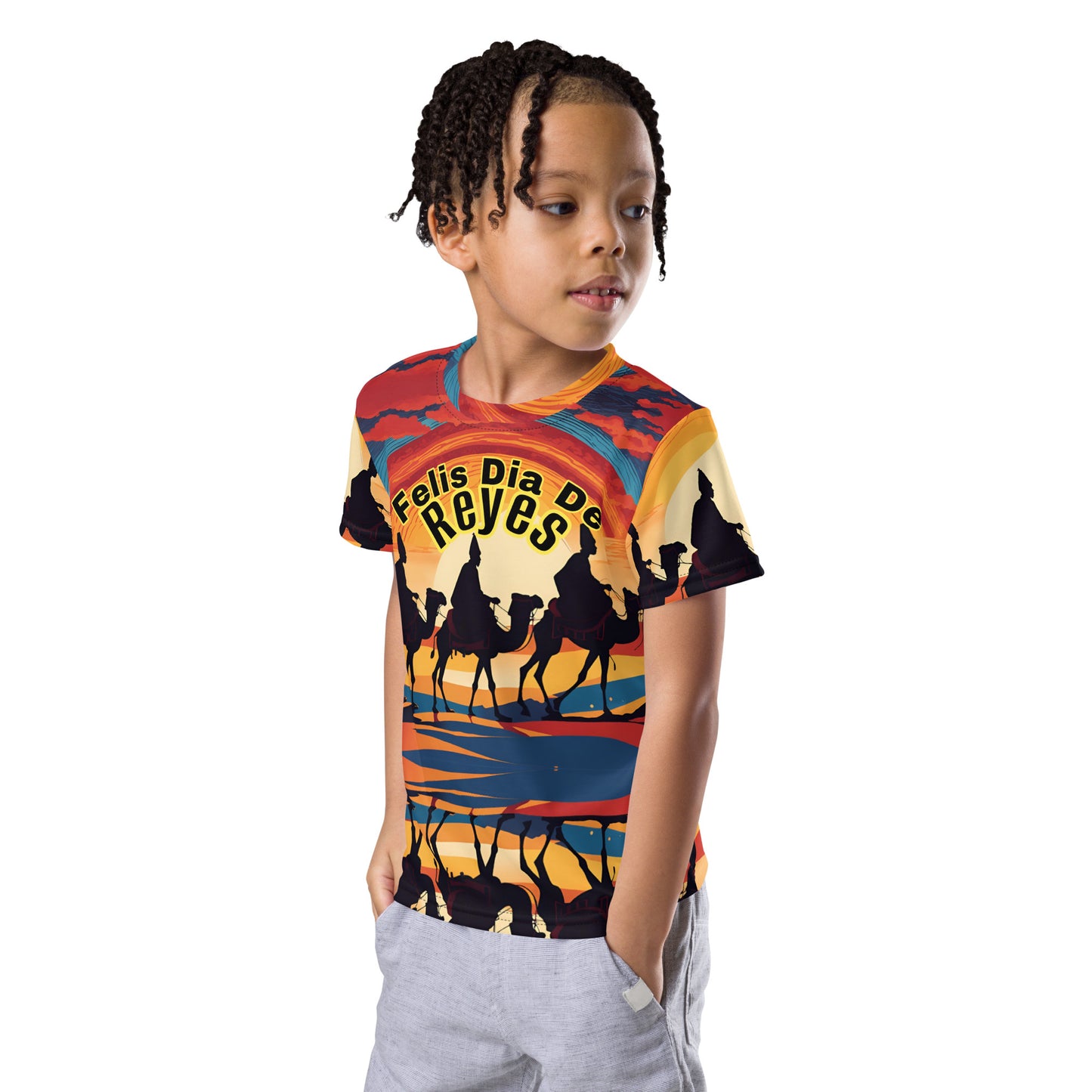 PGP Holiday Felis Día de Reyes Kids Crew Neck T-Shirt – Colorful Design, Comfortable Fit for Active Kids
