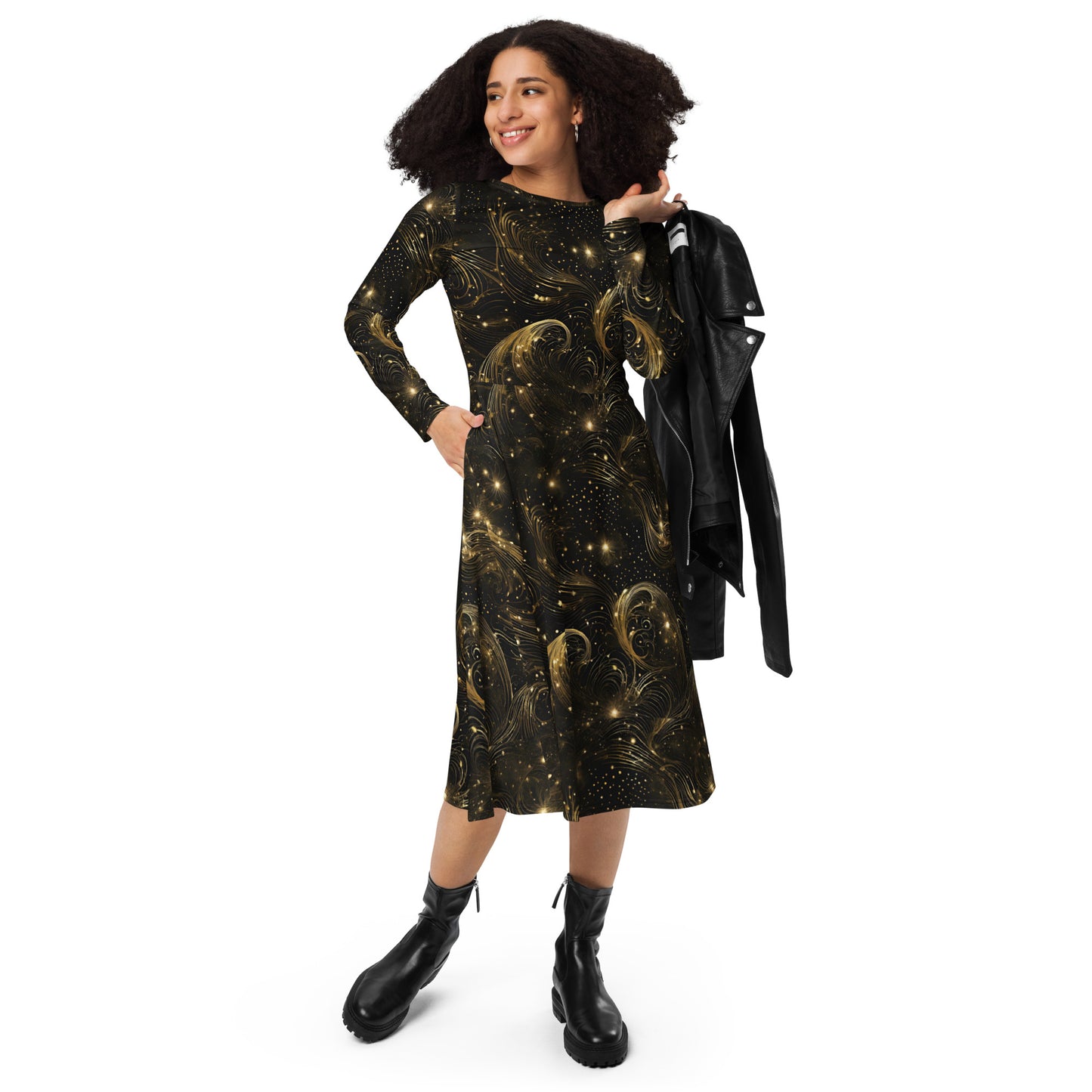 PGP Holiday Midnight Goldscape Long Sleeve Midi Dress – Elegant New Year’s Style