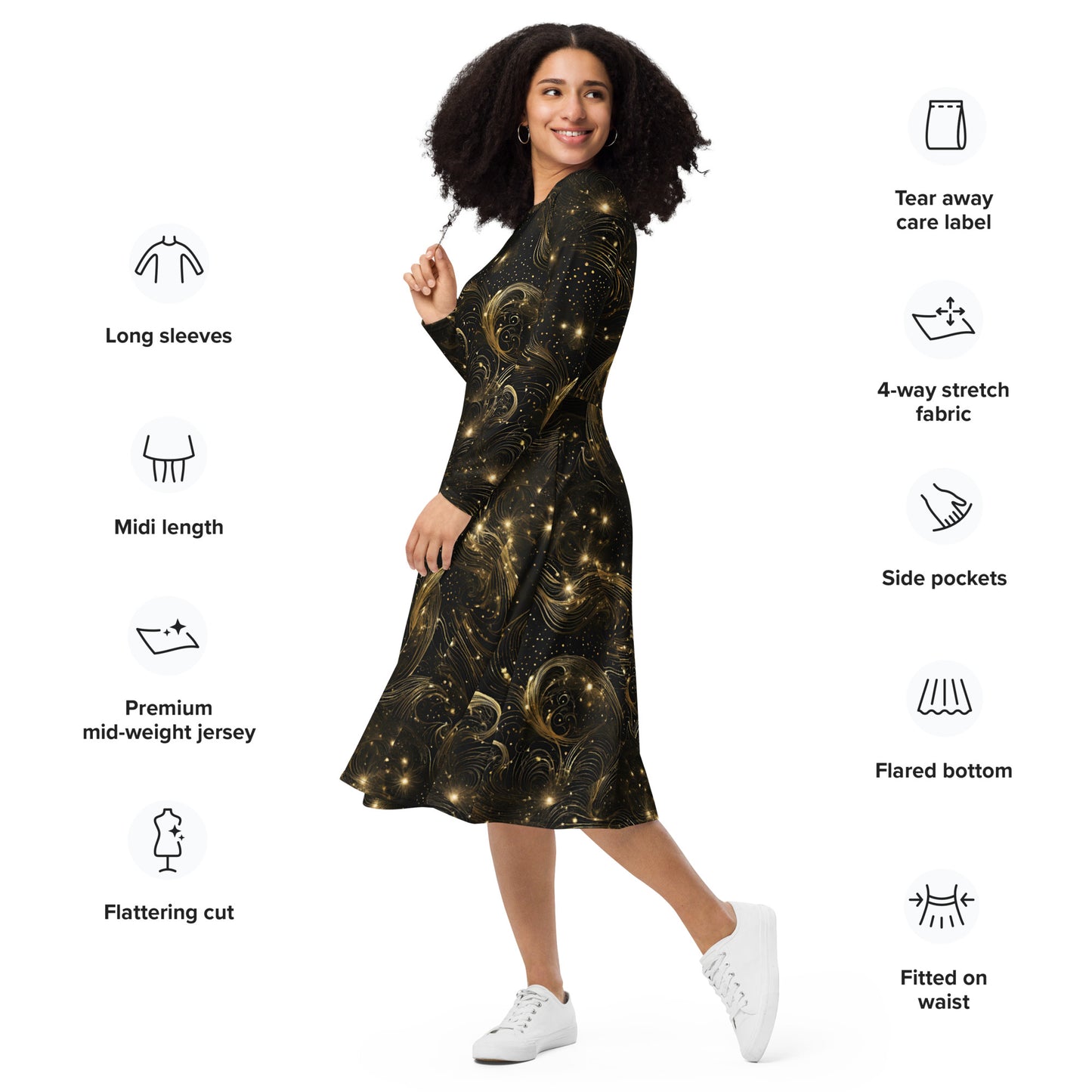 PGP Holiday Midnight Goldscape Long Sleeve Midi Dress – Elegant New Year’s Style