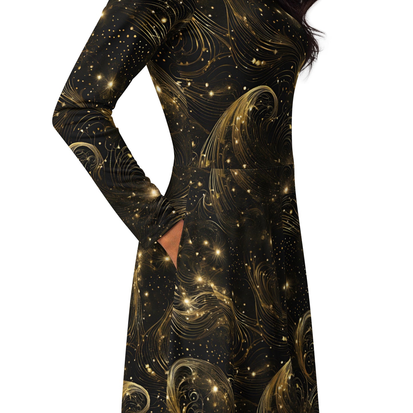 PGP Holiday Midnight Goldscape Long Sleeve Midi Dress – Elegant New Year’s Style