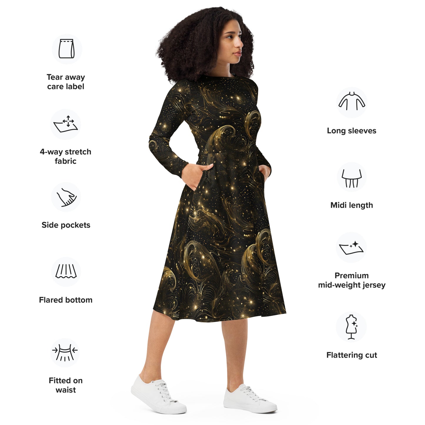 PGP Holiday Midnight Goldscape Long Sleeve Midi Dress – Elegant New Year’s Style