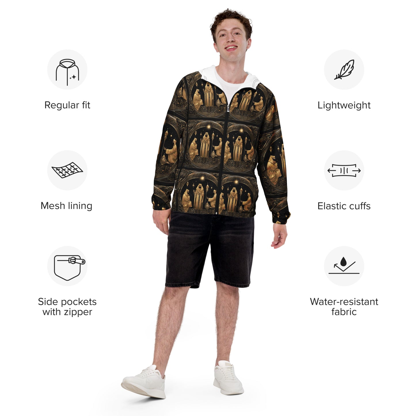 PGP Holiday Felis Día de Reyes Men’s Windbreaker – Lightweight, Water-Resistant, Breathable Mesh Lining