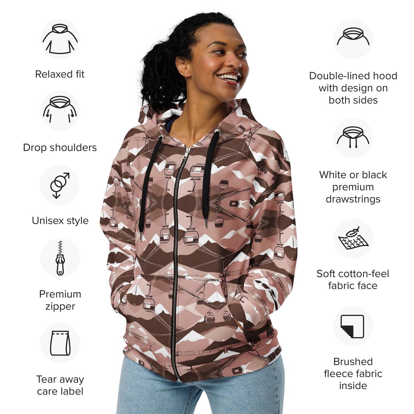 PGP Holiday Ski Lift Unisex Zip Hoodie - Mid-Century Modern Ski Lift Print | Sustainable & Comfortable