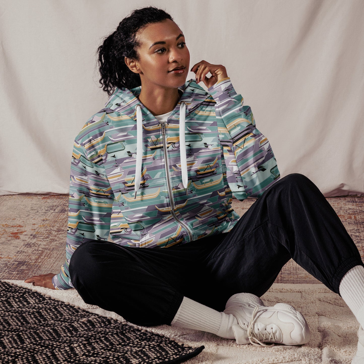 PGP Holiday Sled Scape Unisex Zip Hoodie - Mid-Century Modern Inspired Print | Sustainable & Comfortable