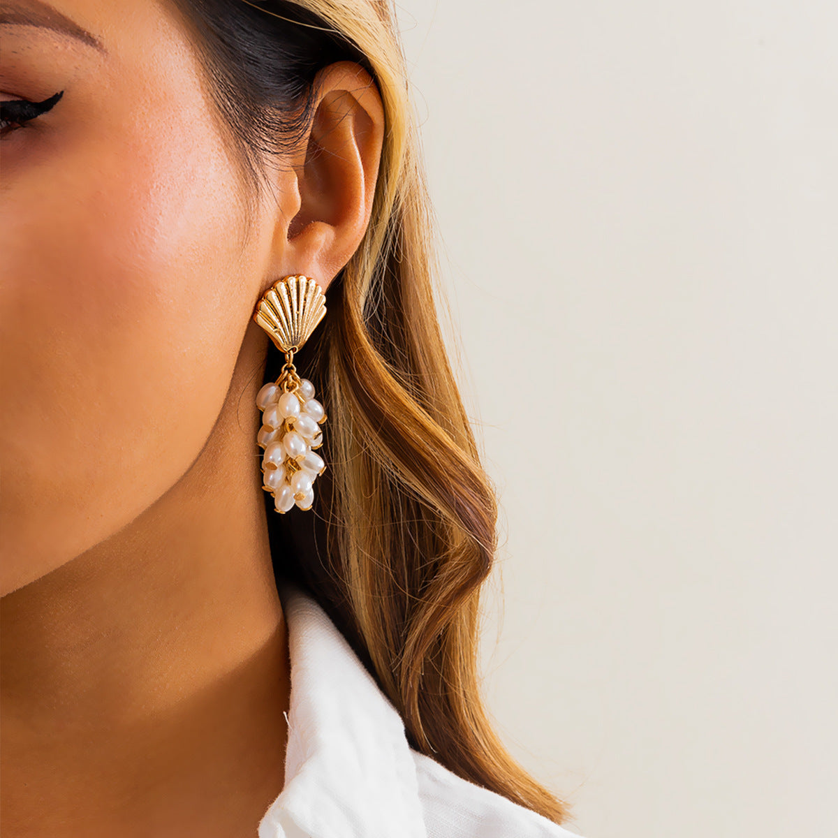 Water Drop Pearl Tassel Earrings – Long Scallop Design, Gold Alloy | Mermaidcore Elegance