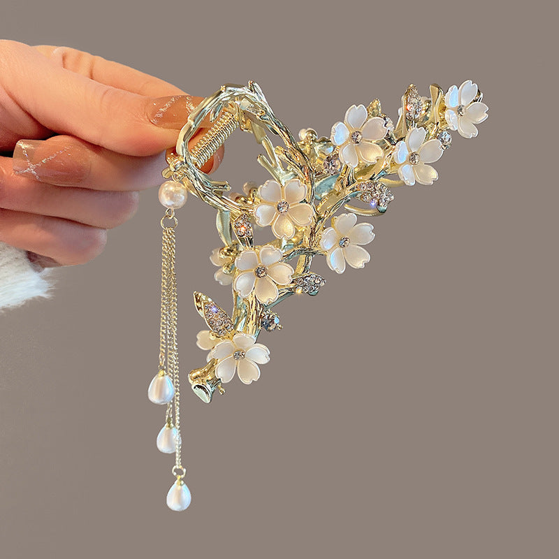 Pearl Bell Orchid Tassel Hair Clip – Diamond-Inlaid Mermaidcore Grip Clip | 11.5cm Elegant Floral Design