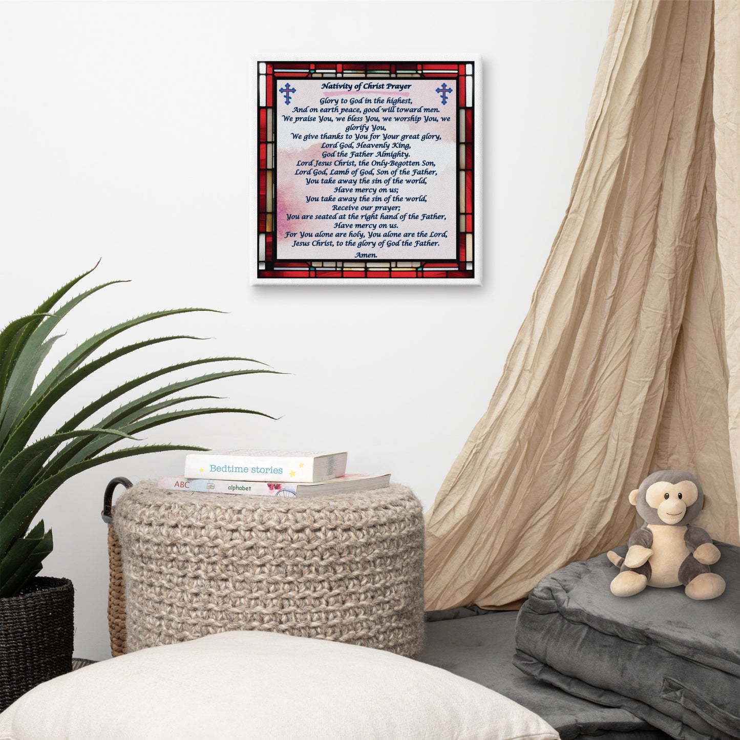 Orthodox Christmas Canvas Wall Art – Nativity of Christ Prayer, Stained Glass Design