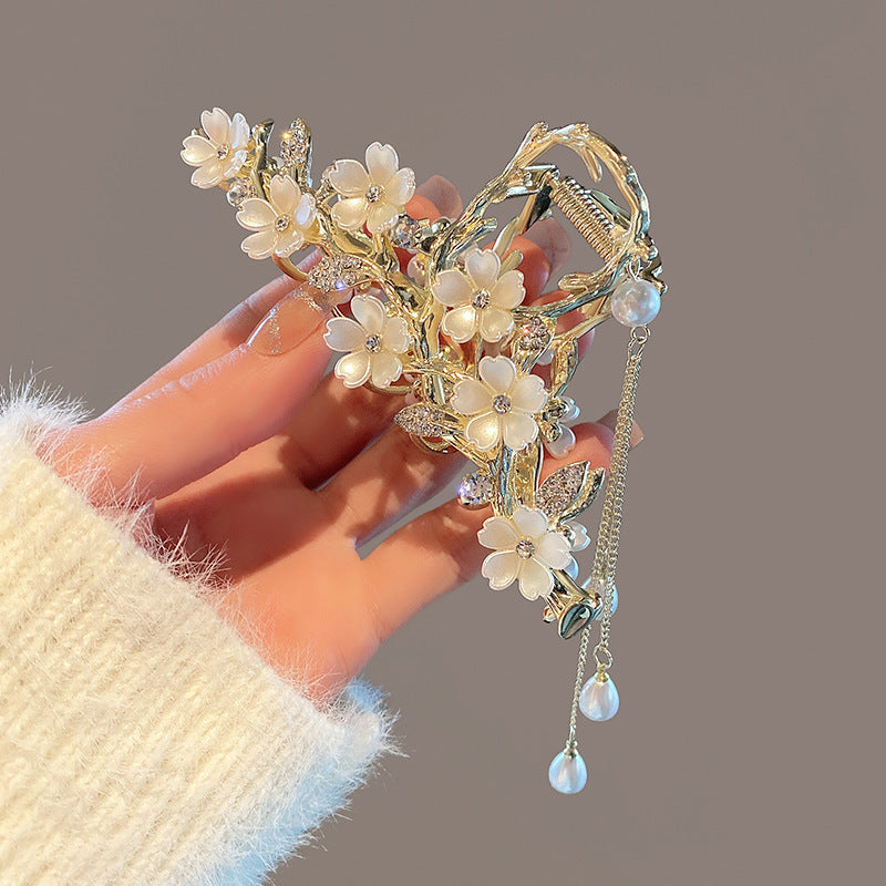 Pearl Bell Orchid Tassel Hair Clip – Diamond-Inlaid Mermaidcore Grip Clip | 11.5cm Elegant Floral Design