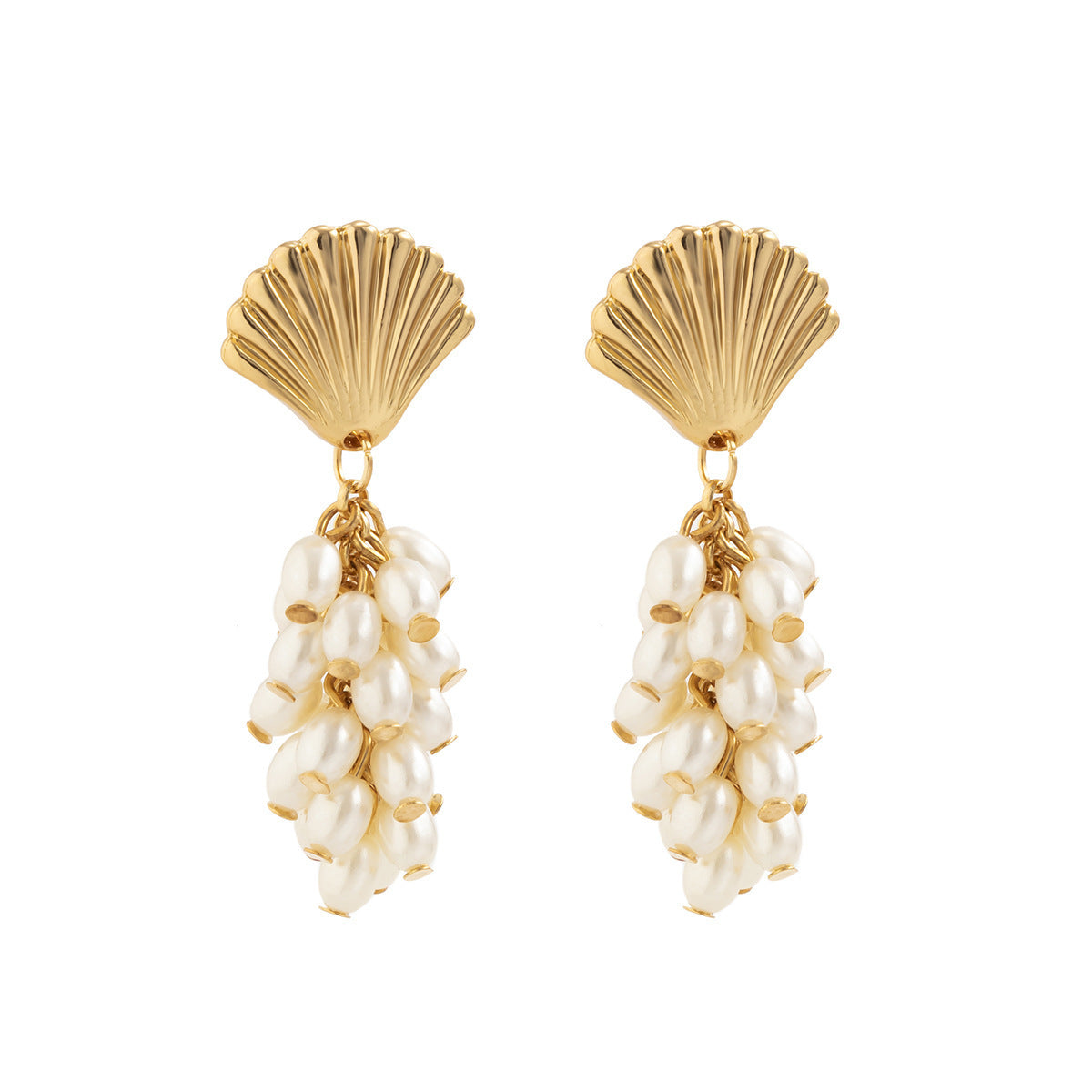 Water Drop Pearl Tassel Earrings – Long Scallop Design, Gold Alloy | Mermaidcore Elegance