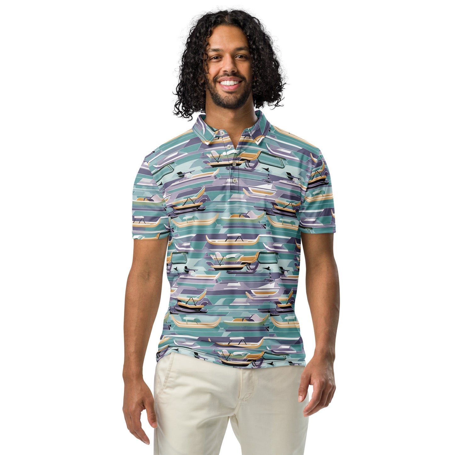 PGP Holiday Sled Scape Men’s Slim Fit Polo - Mid-Century Modern Inspired Print | Stylish & Comfortable