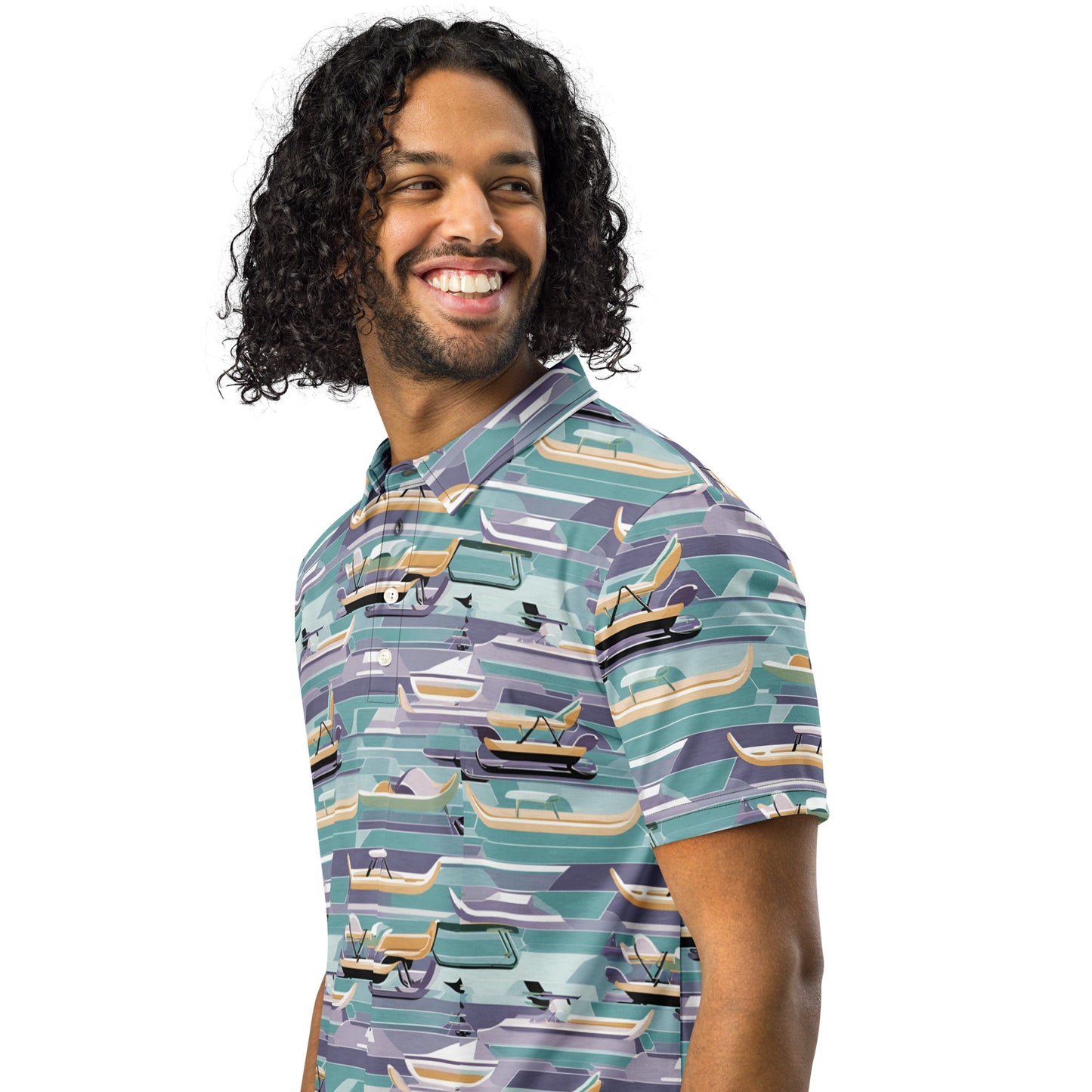 PGP Holiday Sled Scape Men’s Slim Fit Polo - Mid-Century Modern Inspired Print | Stylish & Comfortable