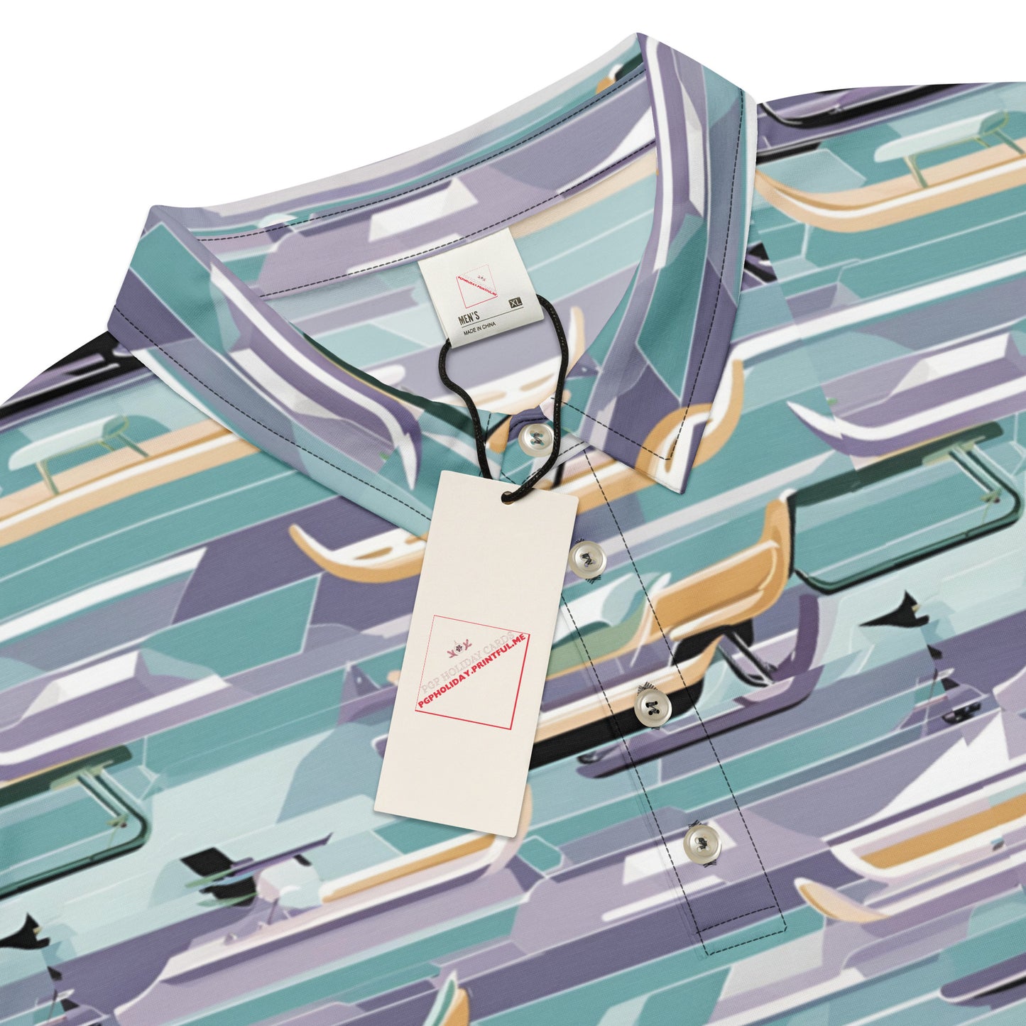 PGP Holiday Sled Scape Men’s Slim Fit Polo - Mid-Century Modern Inspired Print | Stylish & Comfortable