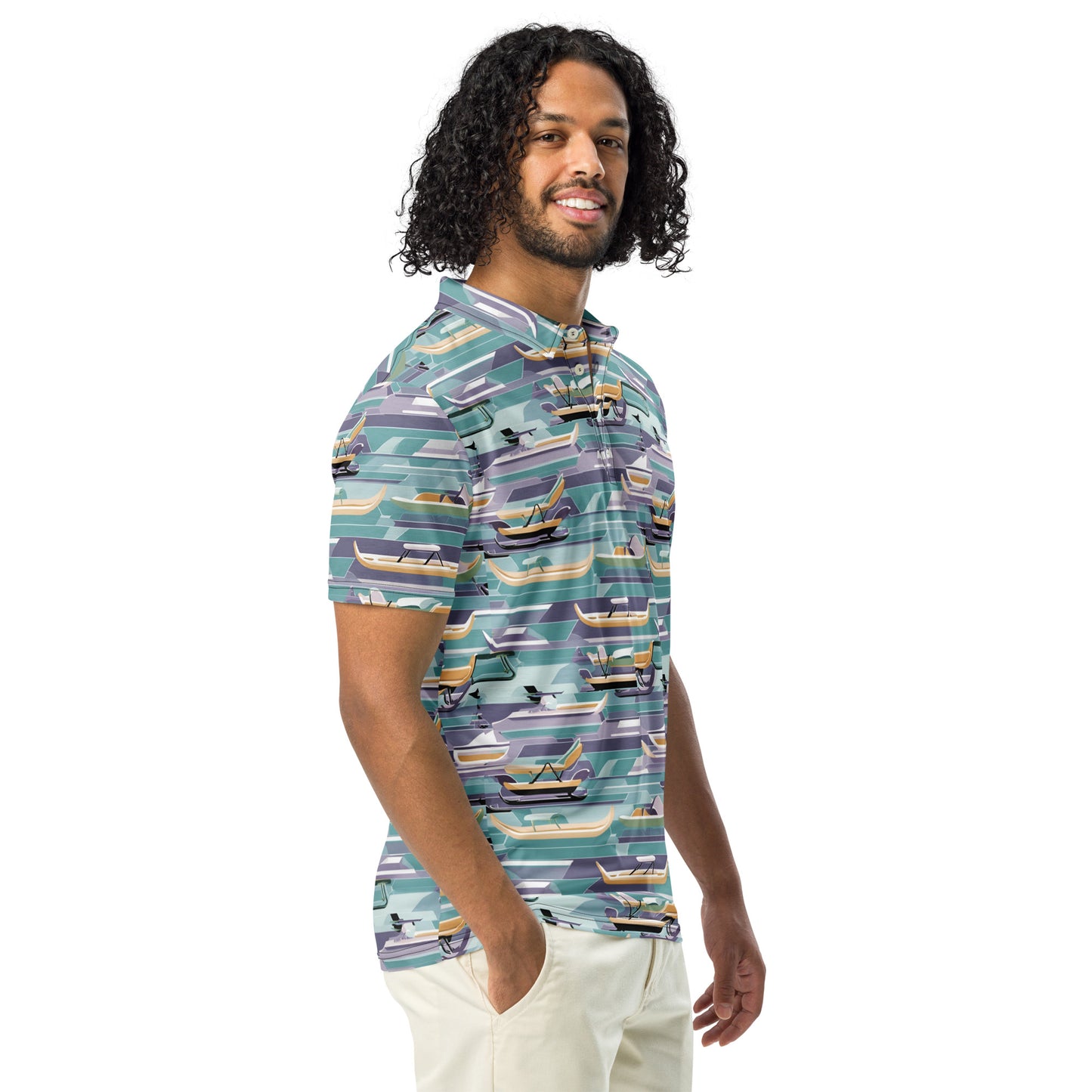 PGP Holiday Sled Scape Men’s Slim Fit Polo - Mid-Century Modern Inspired Print | Stylish & Comfortable