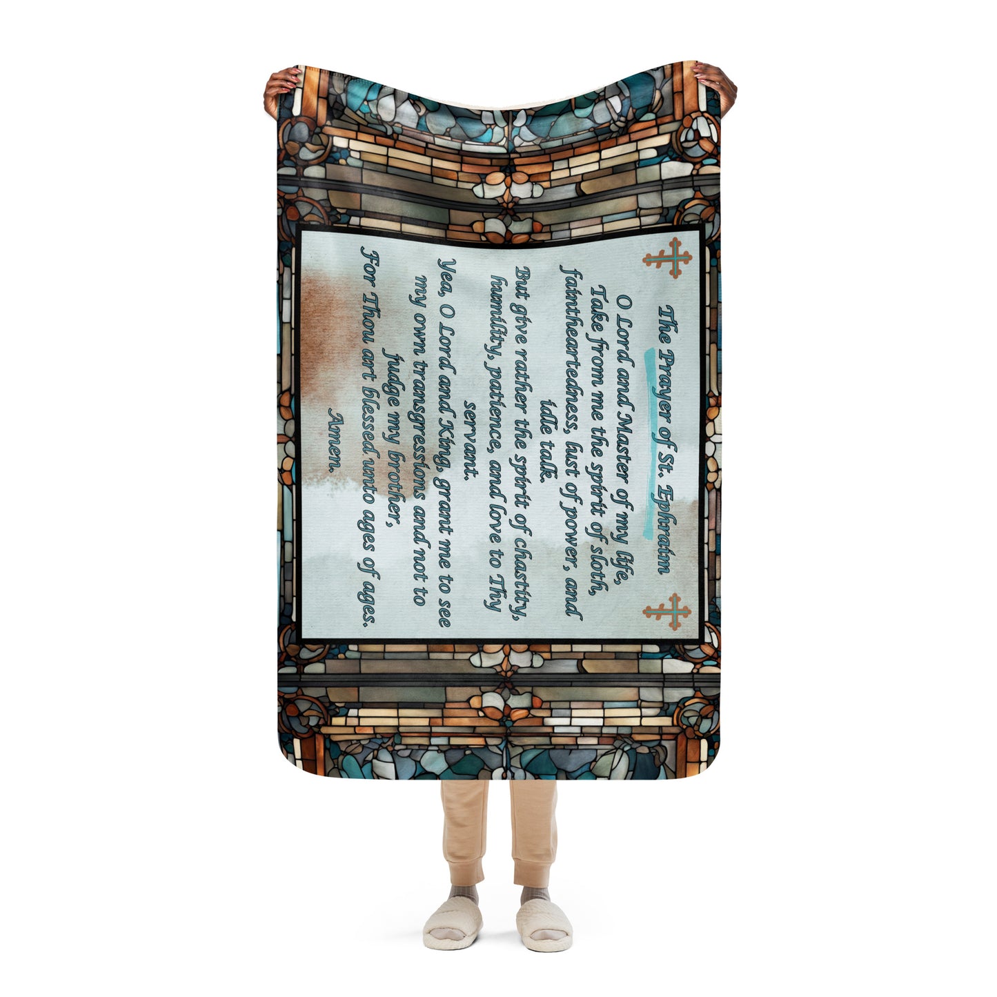 Orthodox Christmas Sherpa Blanket – Prayer of Saint Ephraim, Stained Glass Design