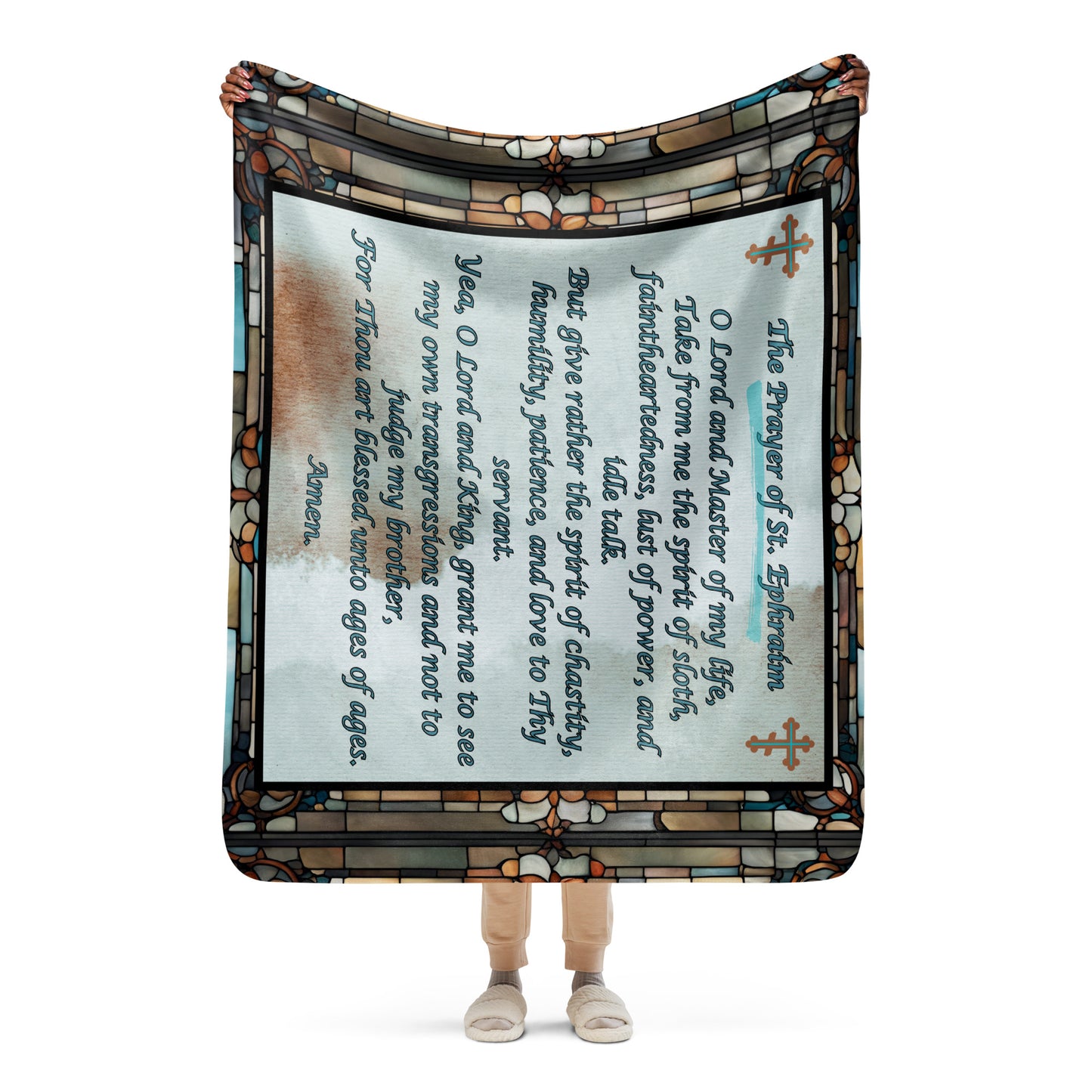Orthodox Christmas Sherpa Blanket – Prayer of Saint Ephraim, Stained Glass Design