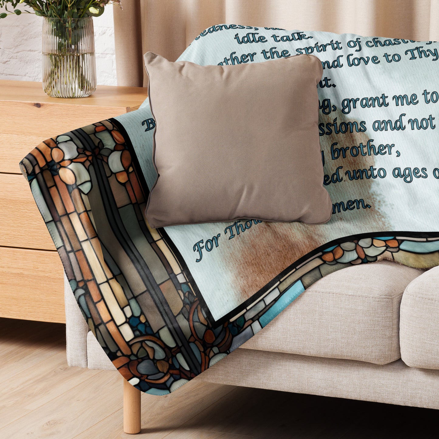 Orthodox Christmas Sherpa Blanket – Prayer of Saint Ephraim, Stained Glass Design