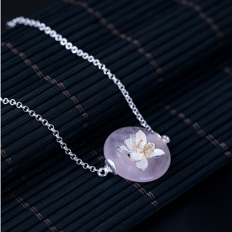 PGP Holiday | 925 Sterling Silver Art Deco Art Lotus on Dongling Light Teal Jade or Pink Lavender Crystal | Silver Bracelet