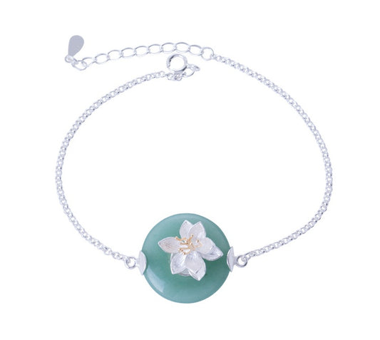 PGP Holiday | 925 Sterling Silver Art Deco Art Lotus on Dongling Light Teal Jade or Pink Lavender Crystal | Silver Bracelet